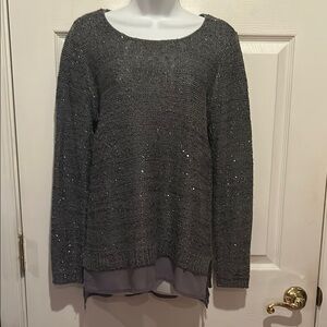 Dark Gray Crew Neck Sweater with Textured Fabric and Subtle Sparkle